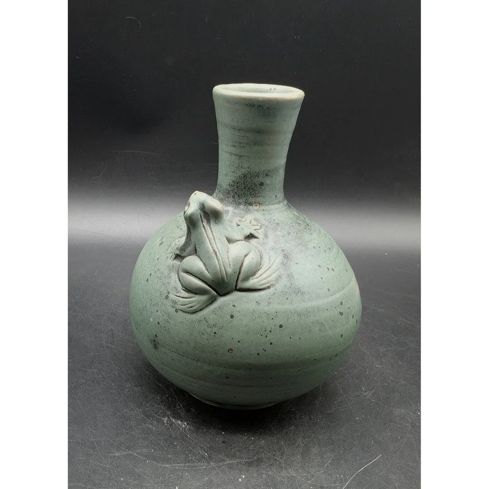 Studio Pottery Frog Bud Vase Celadon Green Speckled Glaze Artisan Stoneware 5.5